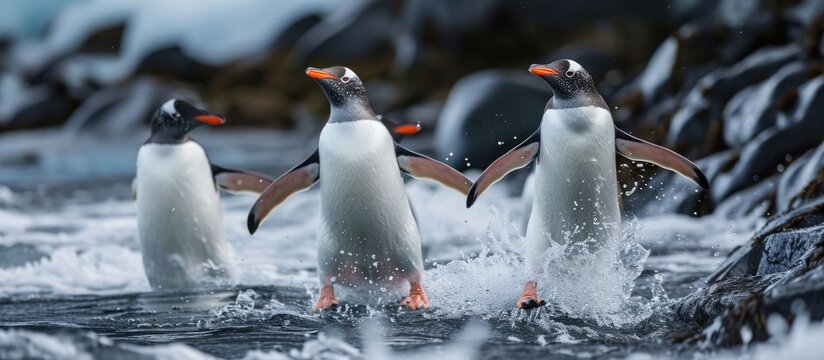 Gentoo penguins playing in the waters near Yankee Harbour, Greenwich Island, South Shetland Islands, Antarctica.