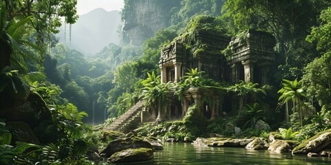 tropical rainforest river landscape with mysterious temple