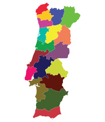 Portugal map. Map of Portugal in administrative provinces in multicolor