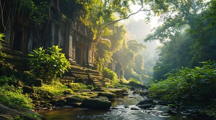 tropical rainforest river landscape with mysterious temple ruins - obrazy, fototapety, plakaty