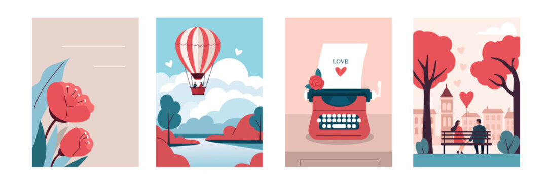 Valentine's Day illustrations set. Collections of beautiful romantic postcards for 14 February with couple of lovers, flowers and love letter. Seasonal holiday banner concept. Vector illustration.