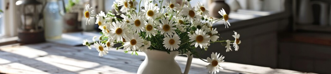 Fototapeta na wymiar daisies in white vase in old interior style