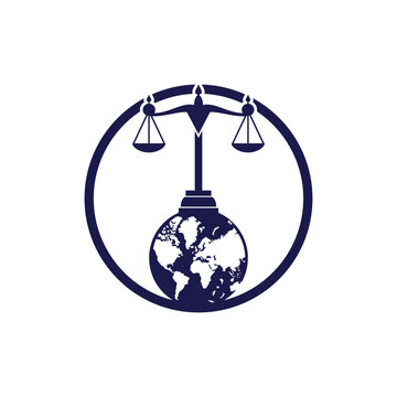 Globe with law scale icon vector logo design template.