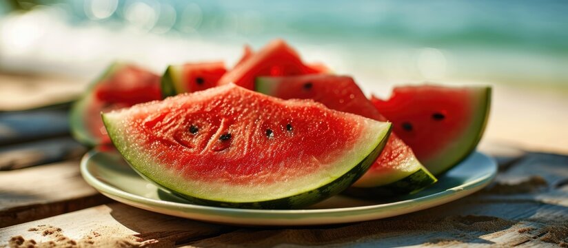Watermelon, tropical fruits, sand beach, sea, red fruit on plate, healthy diet, organic nutrition, dessert snack, holidays, melon beverage.