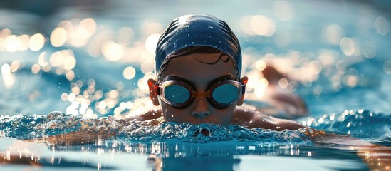 Youth wearing swim cap and goggles performs breaststroke swim.