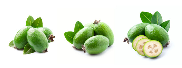 Collage of  feijoa fruits on white backgrounds