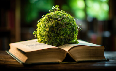 Magic book with green sphere and moss, Generative AI