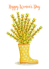Woman day 8 March holiday card. Spring floral vector illustration. Bouquet of yellow forsythia flowers in rain boots. Template for advertising, web, social media, ads, poster and flyer.