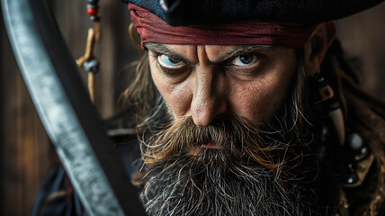 pirate portrait with beard saber hat and bandana fierce intense gaze