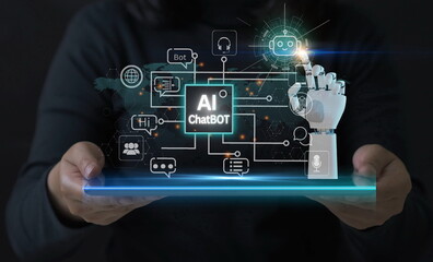 Chat bot Chat with AI, Artificial Intelligence. man using technology smart robot AI, artificial intelligence by enter command prompt for generates something, Futuristic technology transformation.