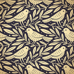 Hand drawn seamless pattern with decorative birds and branches Nature floral forest seamless pattern