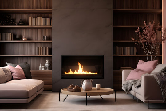 image of a living room with a fireplace, dark beige and pink, stylish, warm color palettes, dark white and brown, matte background, wood