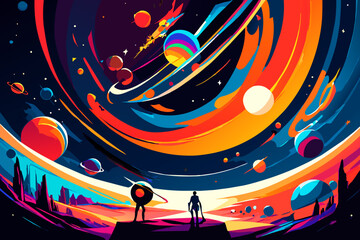 A cosmic dance of planets and moons. vektor icon illustation