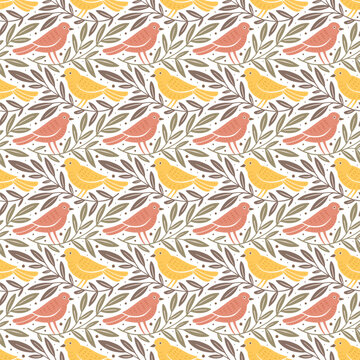 Hand drawn seamless pattern with decorative birds and branches Nature floral forest seamless pattern