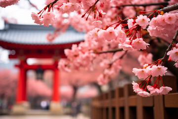 Beuatiful Japanese pink cherry flower blossom with blurry Asian temple building entrance gate in...