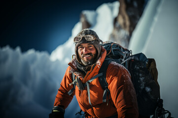 Obraz premium Tired Climbing Hiker with Frozen Beard in the Midst of an Ascent on a Steep Mountain