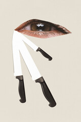 Contemporary art collage. Surrealistic artwork of tears of shattered dreams. Eye crying sharp...