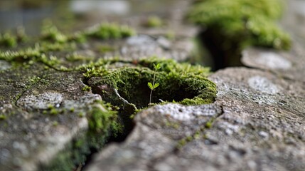 A stark, concrete floor with a small, heart-shaped moss growing in a crack. 