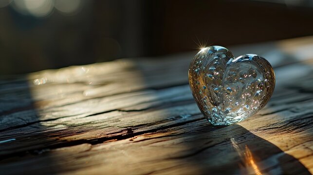 A sparse, wooden tabletop holding a delicate, glass heart.