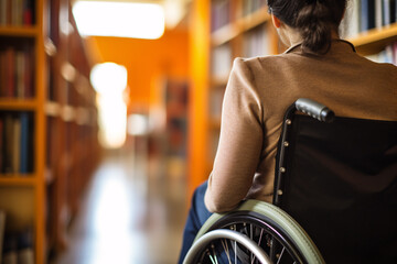 Woman in wheelchair with blurry college or university library in background - obrazy, fototapety, plakaty