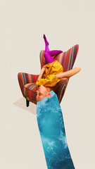 Contemporary art collage. young exhausted woman lies upside down on chair with thoughts seething...