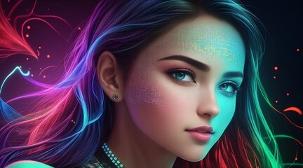 Fototapeta premium A vibrant girl with brightly colored hair standing amidst neon lights.