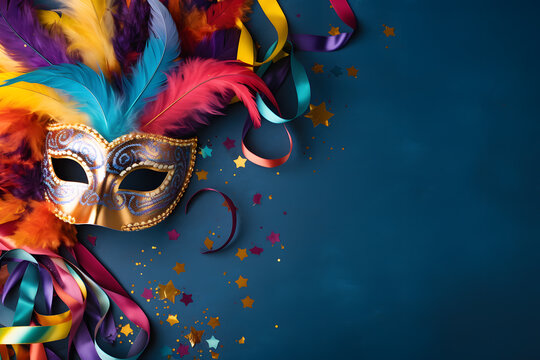 Colorful carnival flat lay with carnival mask with feathers, confetti on blue background with copy space