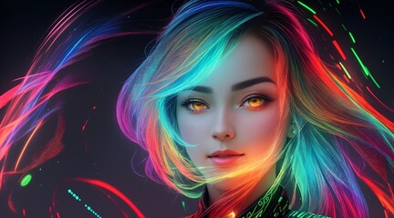 A vibrant girl with brightly colored hair standing amidst neon lights.