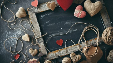 A chalkboard background with handwritten love quotes surrounded by handcrafted paper hearts. 