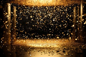 golden confetti rain on festive stage with light beam in the middle, empty room at night mockup with copy space for award ceremony, jubilee, 