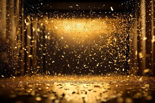 golden confetti rain on festive stage with light beam in the middle, empty room at night mockup with copy space for award ceremony, jubilee, © Sikandar Hayat