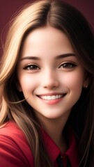Naklejka premium A stunning young woman with flowing hair and a vibrant red shirt.