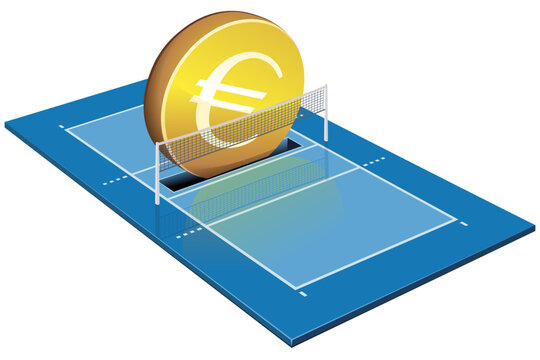 A gold coin with the symbol of the euro currency is inserted into the slot of a volleyball court in 3d (cut out)