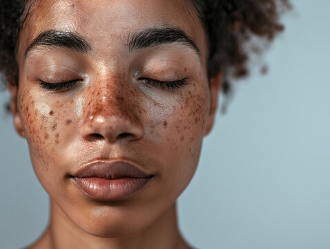 Close-up of a young woman's face, highlighting her unique beauty and the natural details of hyperpigmentation on her skin.