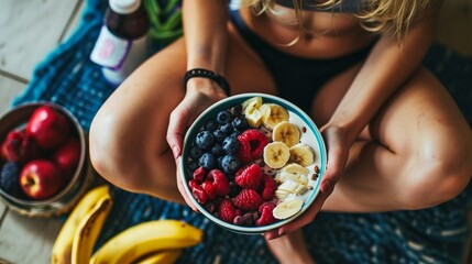 Above shot of a woman with a bowl of berries, a bottle of almond milk and two bananas wearing a sportive outfit. - obrazy, fototapety, plakaty