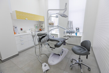 Modern Dental office. equipment at dental office. Dental chair and other accessories. Dental clinic equipment.