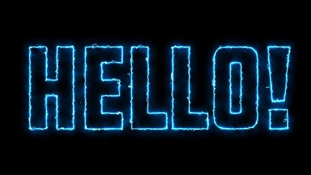 Hello text font with light. Luminous and shimmering haze inside the letters of the text Hello. Hello neon sign.