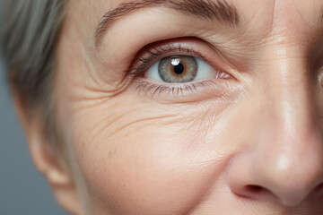 Woman adult eyelid female wrinkled health caucasian skin eye surgery face closeup woman beauty - obrazy, fototapety, plakaty