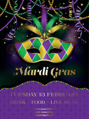 mardi gras party poster. mardi gras background with mask, confetti and streamers © Angelica