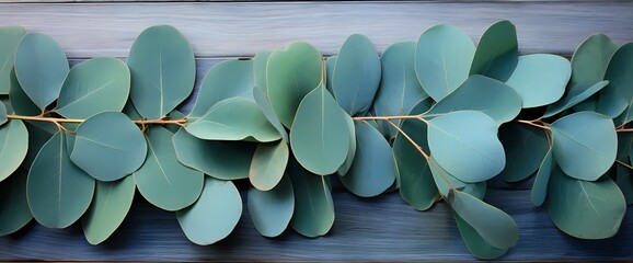 A captivating composition of eucalyptus leaves on a weathered wooden surface, creating a visually appealing flat lay.