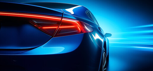 Closeup on backlight of a blue car on a blue background