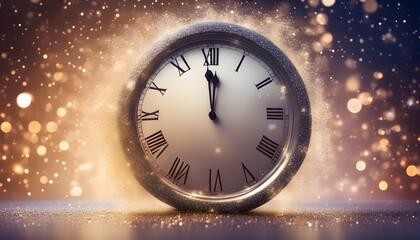 Naklejka na ściany i meble Happy New Year countdown clock on abstract, sparkling midnight sky - festive New Year's Eve invitation card concept for parties