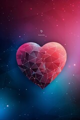 Polygonal love valentine heart made of connected lines and dots on blurred gradient multicolor background for greeting card. Valentine's Day holiday banner concept, copy space - generative ai