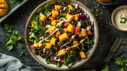Fotobehang Black lentil salad with mango and tahini dressing © Emil