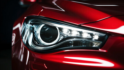 Closeup on headlight of a generic and unbranded red car - obrazy, fototapety, plakaty