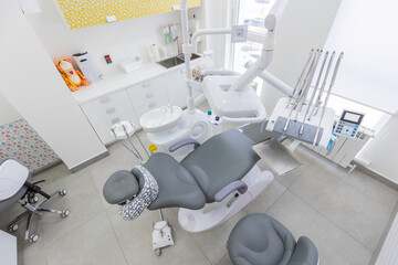 Modern Dental office. equipment at dental office. Dental chair and other accessories. Dental clinic equipment.