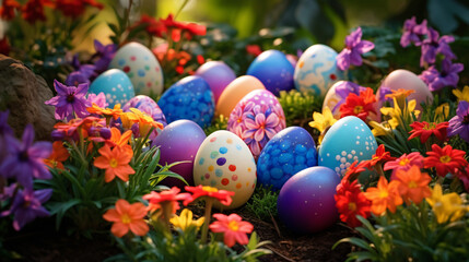 Fototapeta na wymiar Colorful Easter Eggs Nestled Among Beautiful Flow