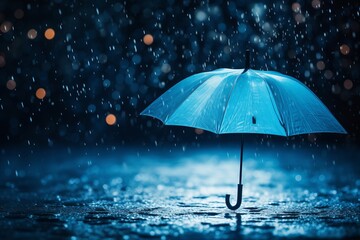 Transparent Umbrella in Rain with Water Drops Splash Background. Rainy Weather Concept