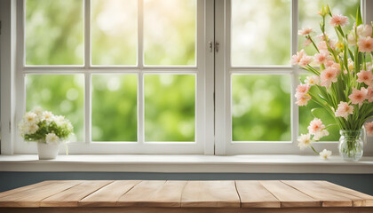 Beautiful spring or summer window with empty wooden table and copy surface - Powered by Adobe
