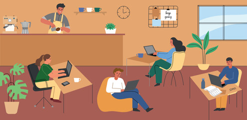 People work in shared space. Freelancers in coworking, persons with laptops in cafe, remote employment, free schedule, vector illustration.eps